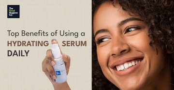 Woman smiling with glowing skin holding The Good Hygiene Co. Soothing Serum; hydration benefits text shown.