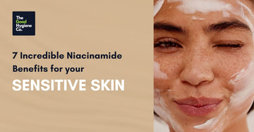 Woman applying niacinamide cream, winking, with text on benefits for sensitive skin by The Good Hygiene Co.