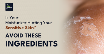 Close-up of flaky, irritated skin with text warning about harmful moisturiser ingredients for sensitive skin by The Good Hygiene Company