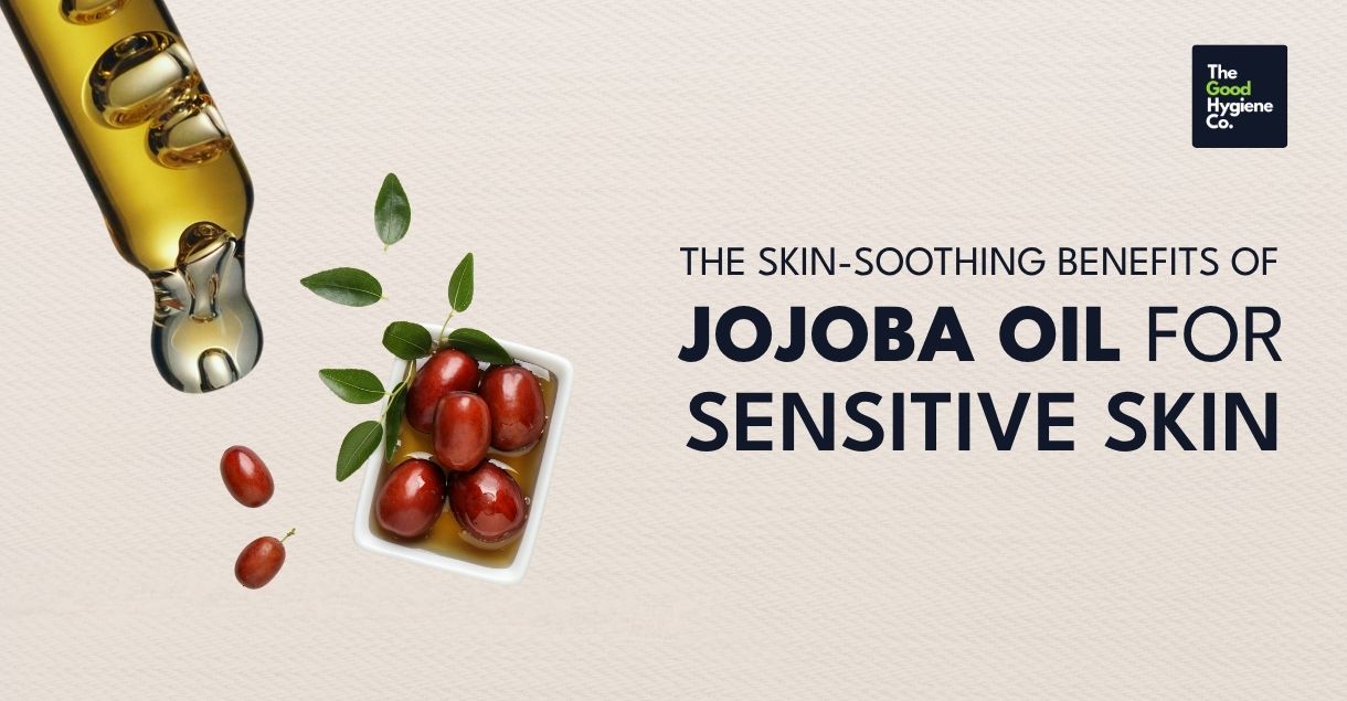 Jojoba oil dropper and seeds with text: The Skin-Soothing Benefits of Jojoba Oil for Sensitive Skin, TGHC logo.