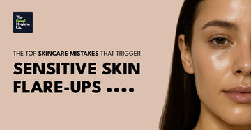 Woman with glowing skin next to text about skincare mistakes for sensitive skin flare-ups.