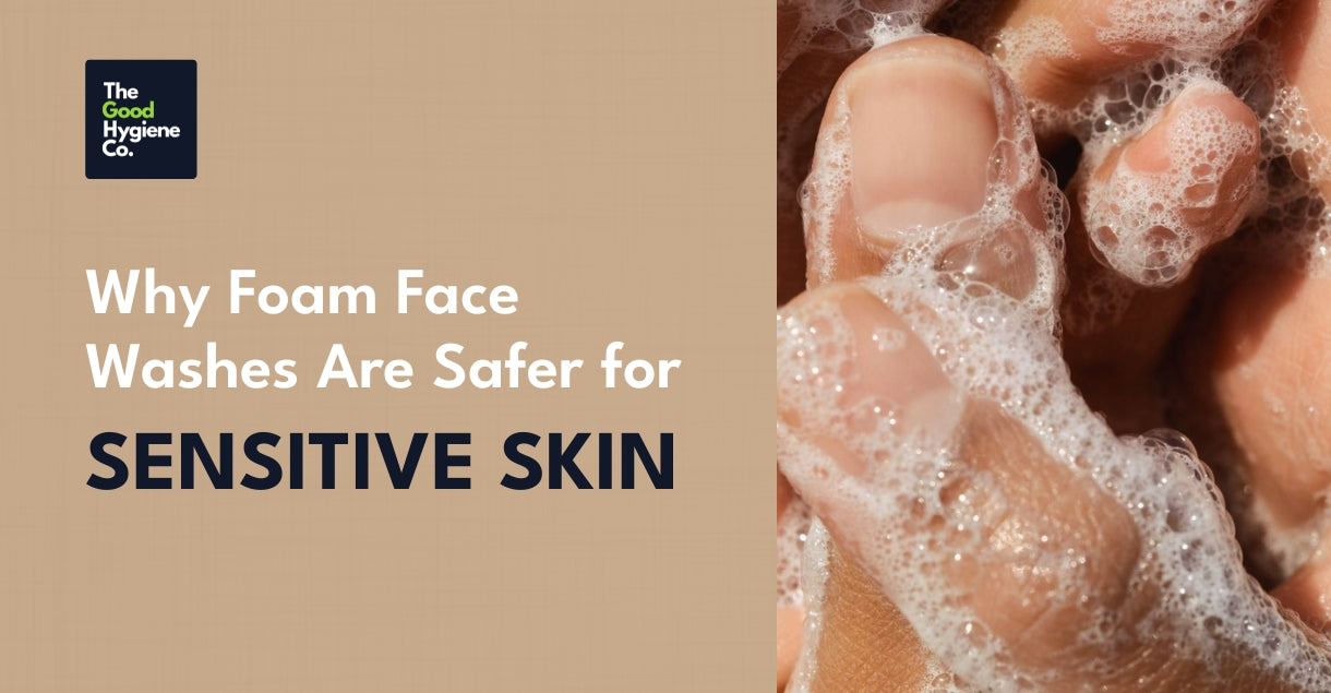 Close-up of hands gently covered in foam, symbolizing the mild and soothing effect of foam face washes on sensitive skin
