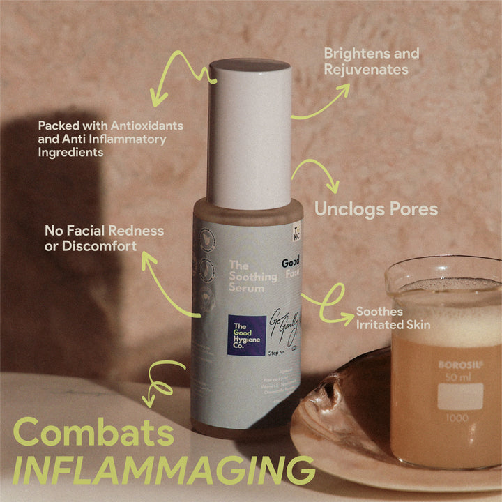 Skincare serum bottle labeled 'The Good Face' on a white background