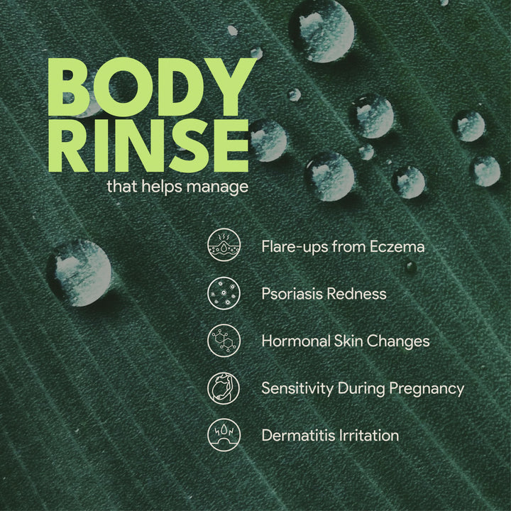 Body rinse for sensitive skin with eczema, psoriasis, and dermatitis concerns